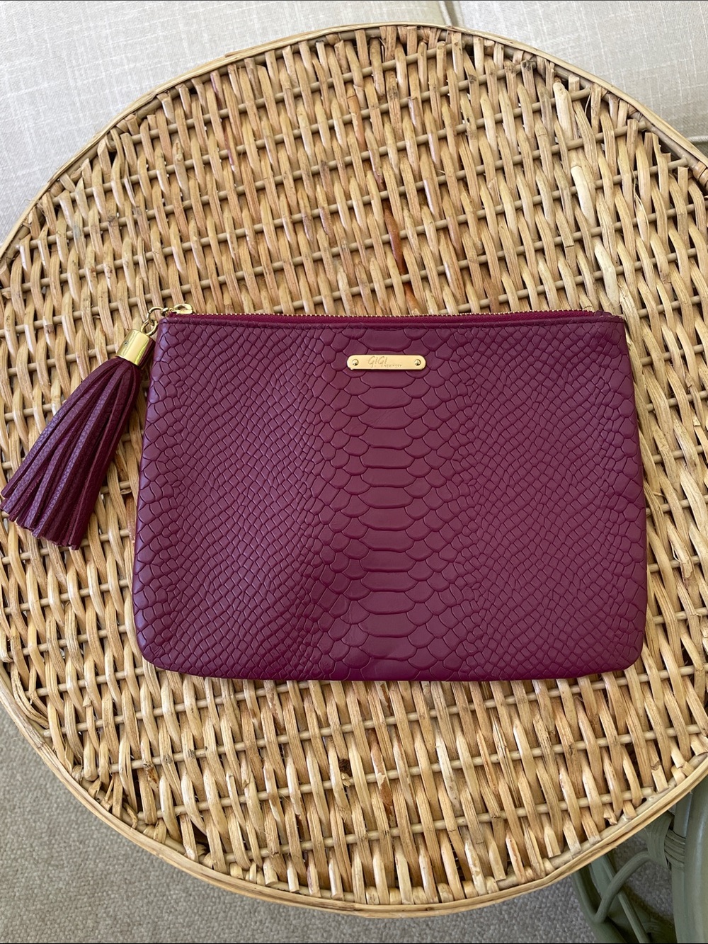 GiGi New York Burgundy Snake-Embossed Tassel Clutch